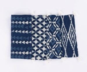 Amity home ira linen cocktail napkin set in indigo blue  white   assorted block print patterns