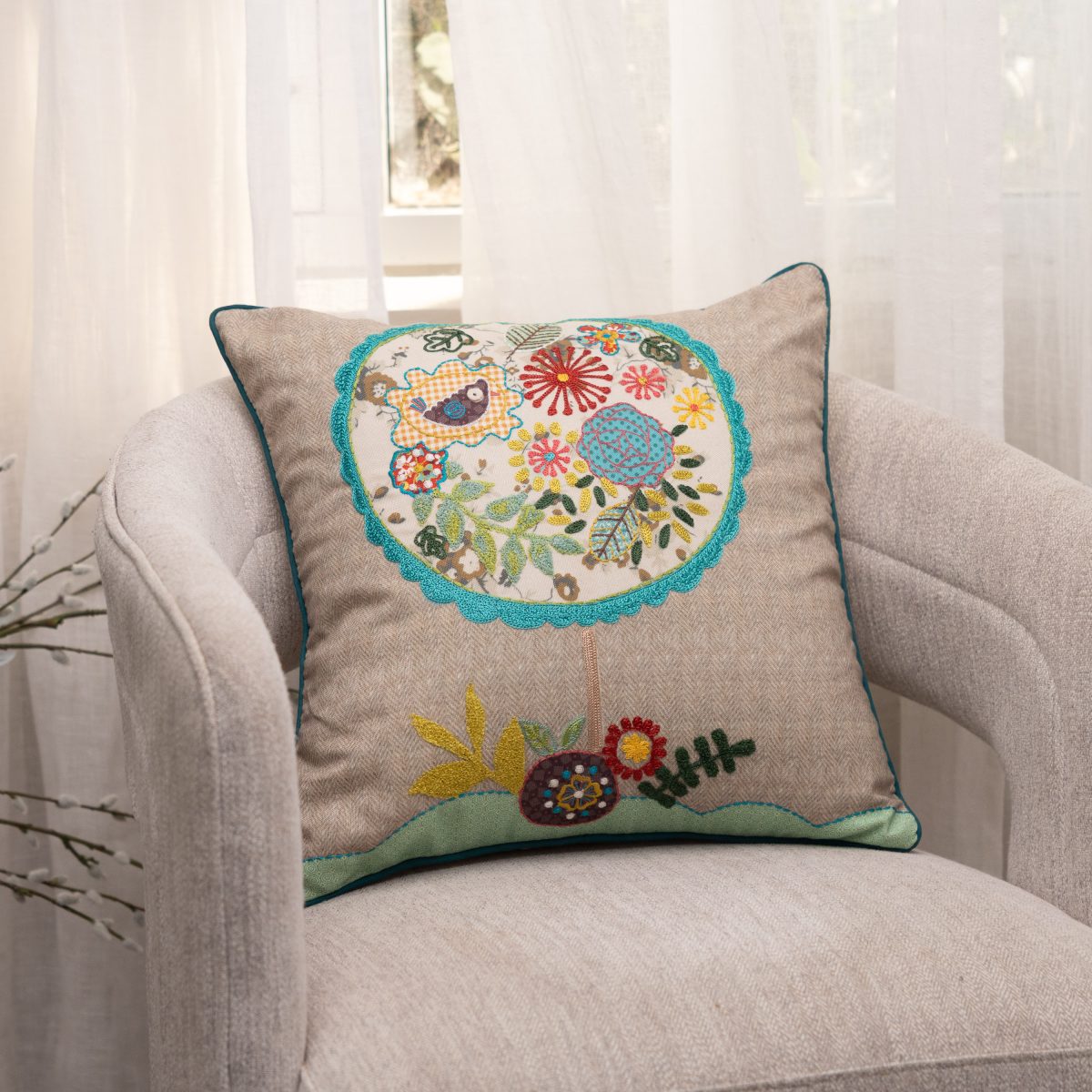 Amity home fiddle pillow in natural multi color   scalloped floral bird embroidery