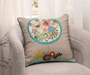 Amity home fiddle pillow in natural multi color   scalloped floral bird embroidery