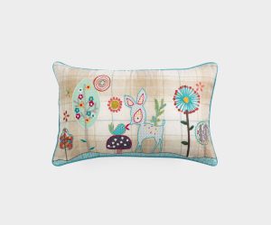 Amity home benny pillow in beige plaid   embroidered whimsical forest scene