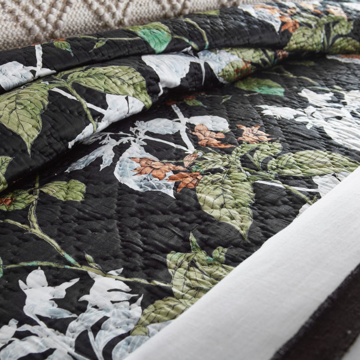 Amity home brady  fitzgerald quilt in black floral   hand quilted