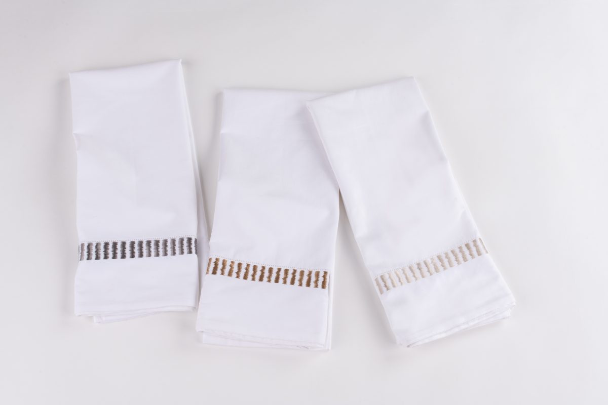 Amity home savona guest towel set in white with oyster embroidery   vertical striped band