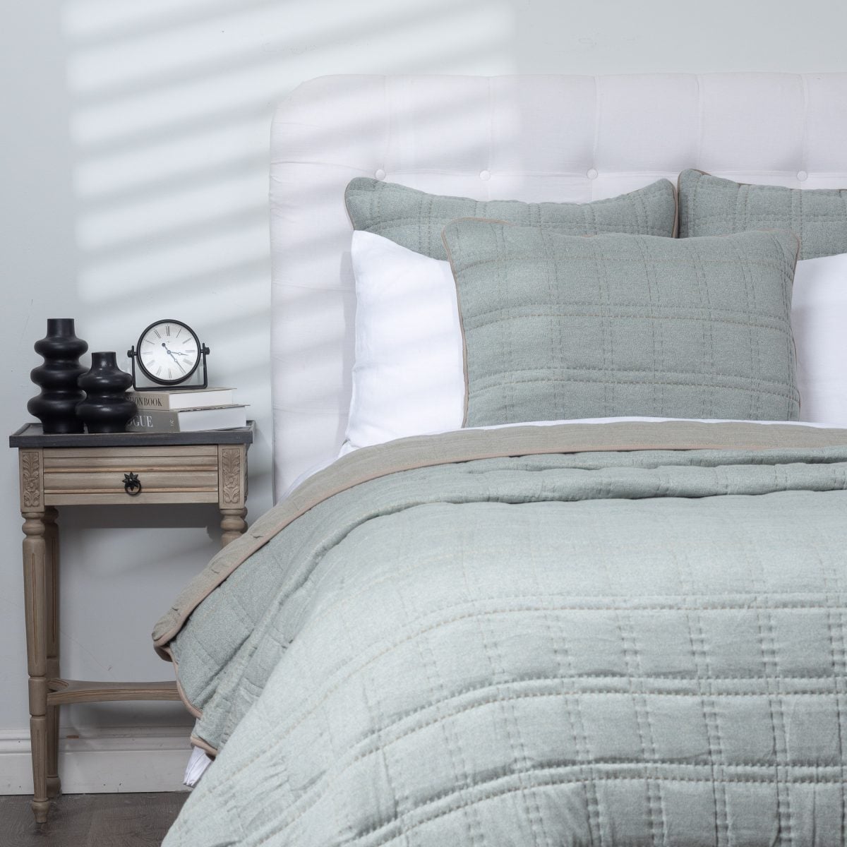 Amity home fletcher quilt in mineral   grid quilted design