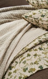 Amity home millie quilt in cream green floral   hand stitched kantha design