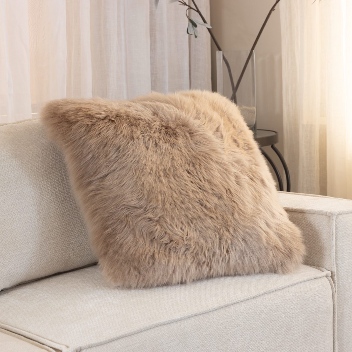 Amity home long sheepskin pillow in sable mocha mist   long sheepskin texture