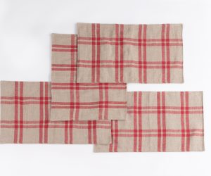 Amity home lance red linen placemat in red plaid   woven linen texture