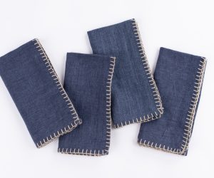 Amity home bryce linen dinner napkin set in indigo   contrasting whip stitch edges
