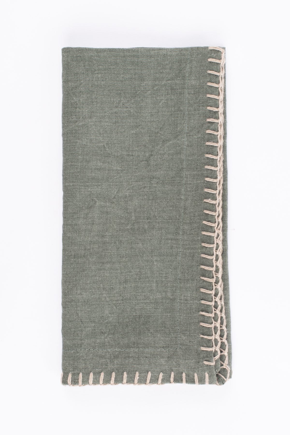 Amity home bryce linen dinner napkin set in kale   contrast blanket stitch edge