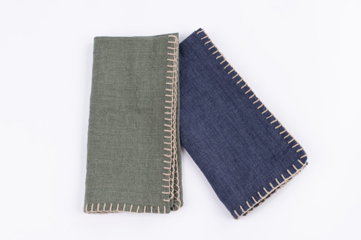 Amity home bryce linen dinner napkin set in indigo   contrasting blanket stitching