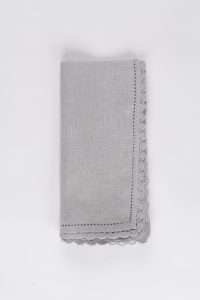 Amity home lace linen dinner napkin set set of 4 in grey chambray   scalloped lace edge