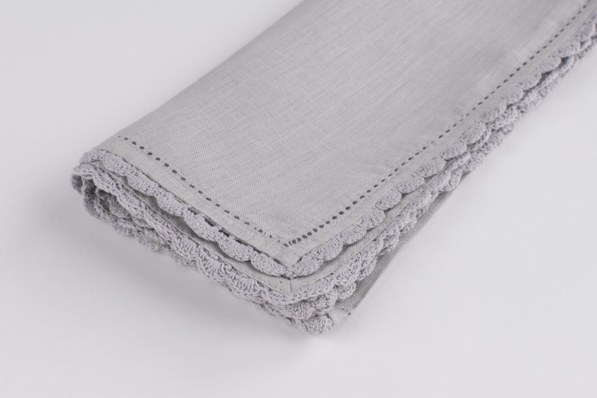 Amity home lace linen dinner napkin set in grey chambray   scalloped lace trim