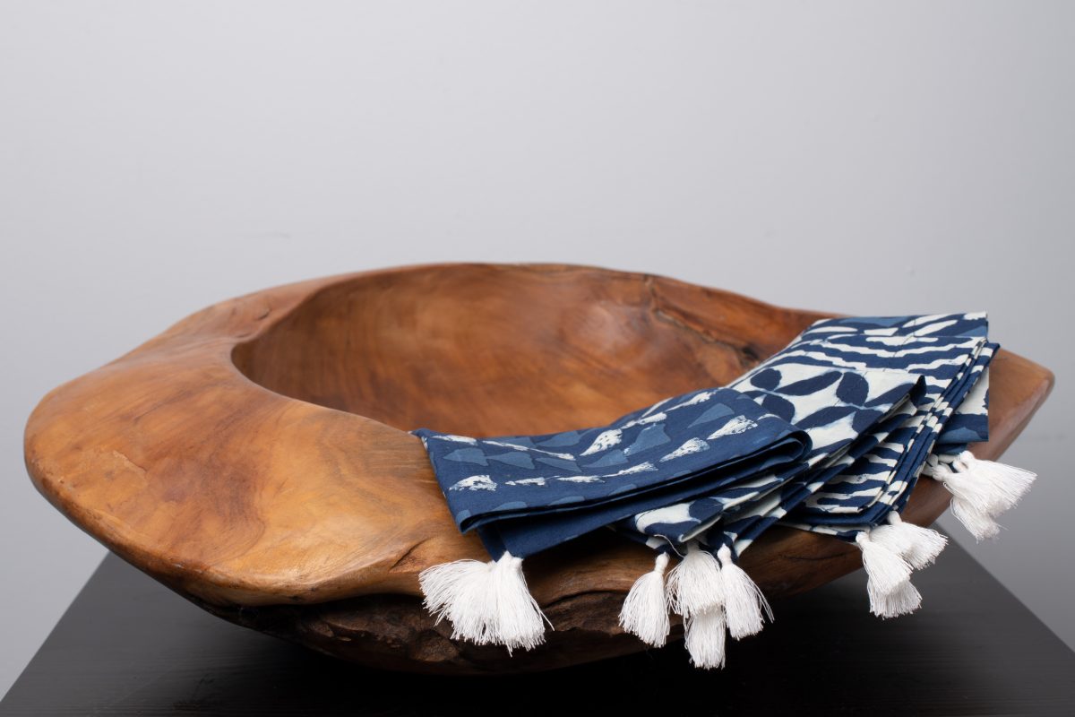 Amity home ira linen dinner napkin set in indigo block print   white tassels