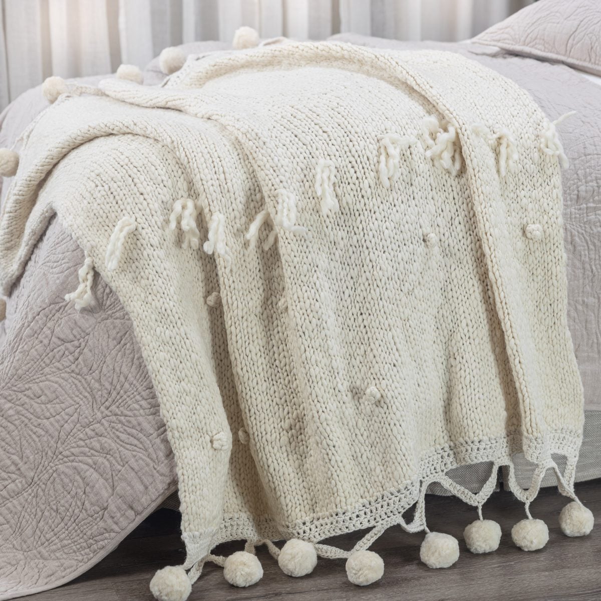 Amity home anya throw in ivory   chunky knit with pom pom fringe