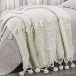 Amity home anya throw in ivory   chunky knit with pom pom fringe