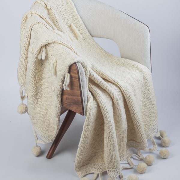 Amity Home Anya Throw in Ivory - Chunky Knit with Pom-poms