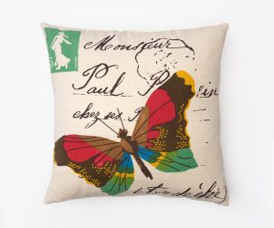 Amity home yuma butterfly pillow in natural   vintage script  colorful butterfly