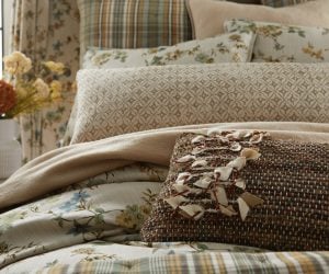 Amity home elissa  reynolds collection in natural hues   layered floral  plaid bedding