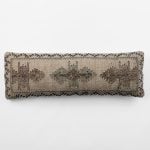 Extra long bolster pillow in handwoven kilim fabric with geometric motifs in taupe olive and espresso tones