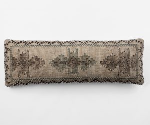 Extra long bolster pillow in handwoven kilim fabric with geometric motifs in taupe olive and espresso tones