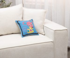 Amity home mouse wool felt pillow in blue   embroidered mouse design