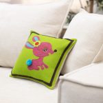 Amity home bunny wool felt pillow in lime green   pink bunny appliqué