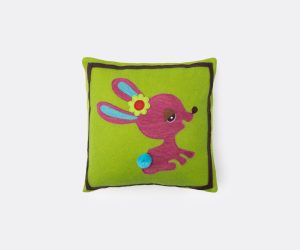 Amity home bunny wool felt pillow in lime green   whimsical appliqué design