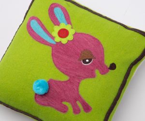 Amity home bunny wool felt pillow in lime green   pink bunny appliqué