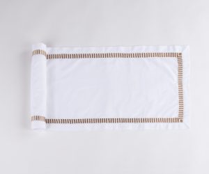 Amity home savona table runner in white with caramel   embroidered border