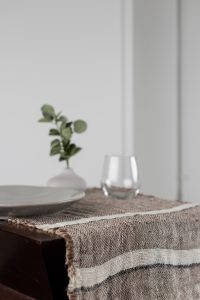 Amity home akin linen table runner in saddle   striped with fringed edges