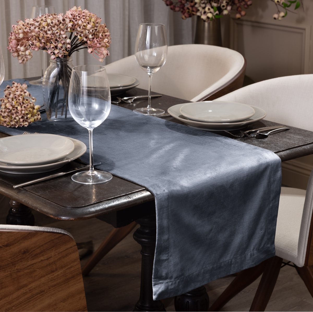 Lia Velvet Table Runner, Steel Blue - Image 2