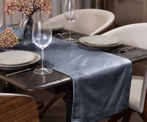 Amity home lia velvet table runner in steel blue   luxurious velvet drape