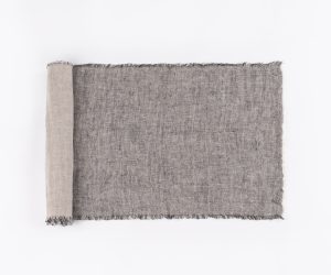 Amity home kent linen table runner in asphalt   natural texture frayed edges