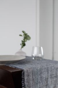 Amity home kent linen table runner in indigo   frayed edges