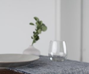 Amity home kent linen table runner in indigo   frayed edges