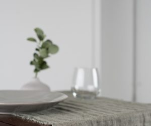 Amity home kent linen table runner in kale   frayed edges