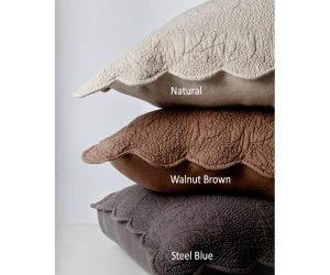 Amity home bastien trupunto linen quilted pillows in natural walnut brown steel blue with scalloped edges