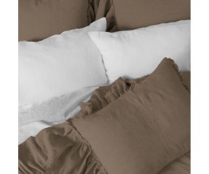 Amity home caprice duvet cover walnut brown with ruffled shams and white pillows on a soft textured bed