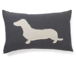 Amity home dachshund large bolster in charcoal   cream dachshund appliqué