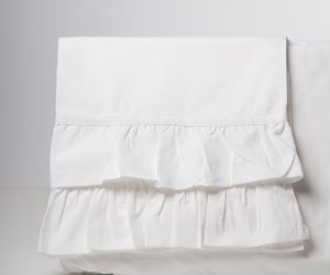 Amity home french ruffle sheet set   white folded sheet showing two tiers of soft gathered ruffles