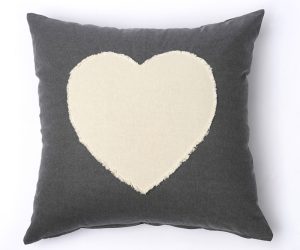Amity home heart pillow in dark greycream   raw edge heart appliqué