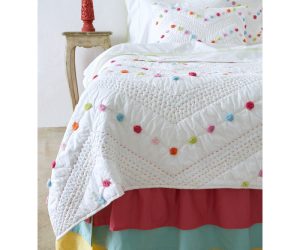 Amity home madelyn quilt in white   colorful pom pom accents