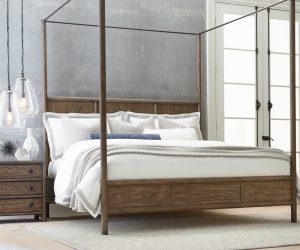 Amity home orfeo linen duvet cover   white with a subtle grey border styled on a wooden canopy bed with layered pillows